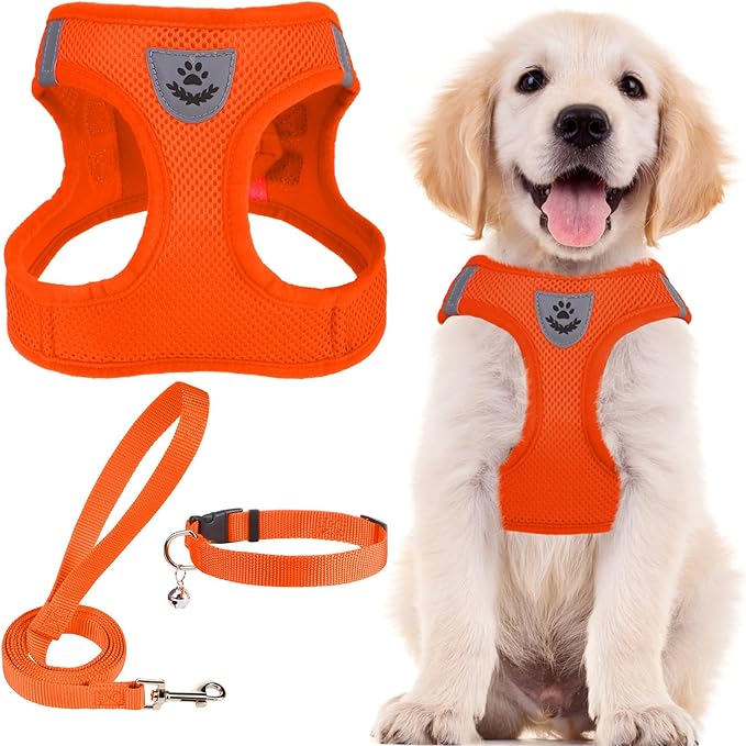 PUPTECK Adjustable Dog Harness Collar and Leash Set Step in No Pull Pet Harness for Small Medium Dogs Puppy and Cats Outdoor Walking Running, Soft Mesh Padded Reflective Vest Harnesses PUPTECK
