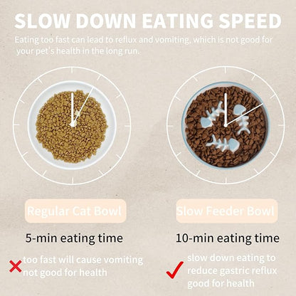 Elevated Cat Slow Feeder Bowls,Whisker Friendly Cat Bowl, Ceramic Raised Slow Feeder Bowl, Anti Vomit Promotes Digestion Slow Feeder Bowls for Dry and Wet Food - PAWPICO