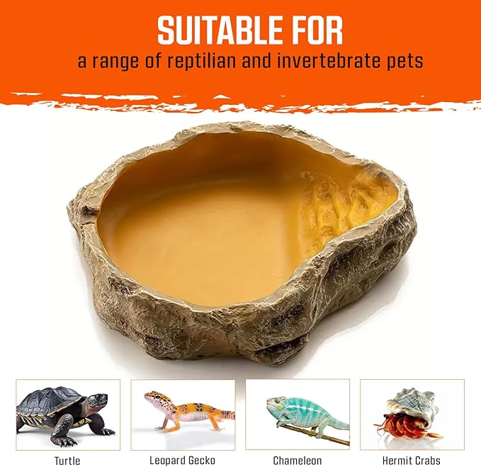 Reptile Water Dish,Resin Reptile Rock Food Feeder Bowl, Water and Food Bowl, Terrarium Decor for Leopard Gecko, Lizard,Spider, Turtle,Scorpion, Chameleon, Hermit Crabs (Small, Yellow) Freshinsects