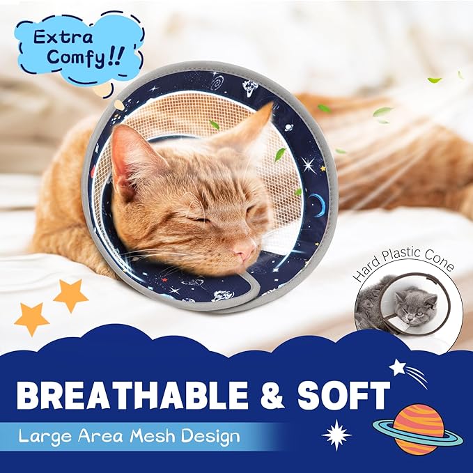 Cat Cone, Breathable Cat Cone Collar Soft, Adjustable Cat Cone to Stop Licking, Water Resistant Neck Cone for Cats with Air Mesh, Protective Cat Recovery E Collar for Cat Kitten（Star,L GoGoPaw