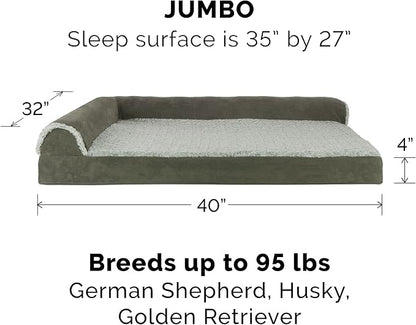 Furhaven Orthopedic Dog Bed for Large Dogs w/ Removable Bolsters & Washable Cover, For Dogs Up to 95 lbs - Two-Tone Plush Faux Fur & Suede L Shaped Chaise - Dark Sage, Jumbo/XL - PAWPICO