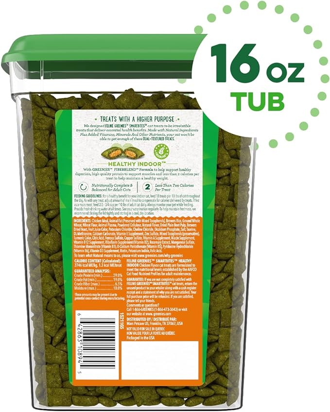 FELINE GREENIES SMARTBITES HEALTHY INDOOR Natural Treats for Cats, Chicken Flavor, 16 oz. Tub GREENIES