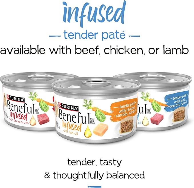 Beneful Purina Infused Wet Dog Food Pate with Real Lamb, Carrots and Spinach, with Sunflower Oil - (8 Packs of 3) 3 oz. Sleeves - PAWPICO