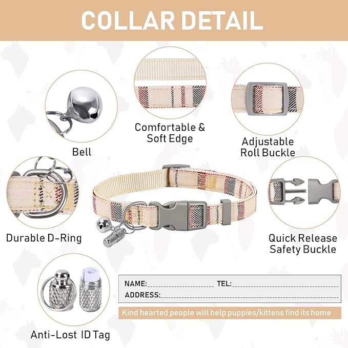 GAMUDA Dog Harness, Collar and Seat Belt Set, Vehicle Safety Harness, Retractable Adjustable Pet Seatbelts with Travel Strap and Carabiner for Most Cars (Beige, S) GAMUDACollarsCollection
