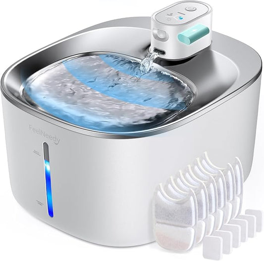 Wireless Cat Water Fountain Battery Operated, FEELNEEDY 4L/135 fl oz Pet Water Fountain for Cats and Dog with Motion Sensor, Ultra Quiet Cat Drinking Fountain with 6 Filters (YPD-C004P), White - PAWPICO