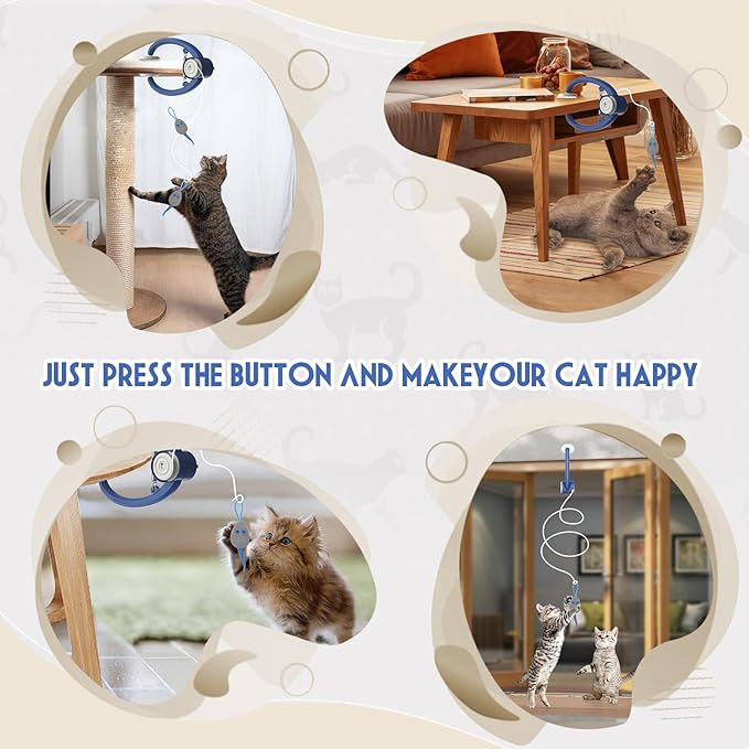 Cat Toy Interactive for Indoor Cats, Smart USB Rechargeable Door Hanging Automatic Retractable Kitten Toys, Teaser Electronic Self Play Feather Cat String Toys Attached with 3 Catnip Mice Blue - PAWPICO