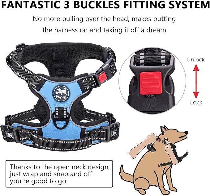 PoyPet No Pull Dog Harness, No Choke Front Clip Dog Reflective Harness, Adjustable Soft Padded Pet Vest with Easy Control Handle for Small to Large Dogs(Light Blue,L) PoyPet