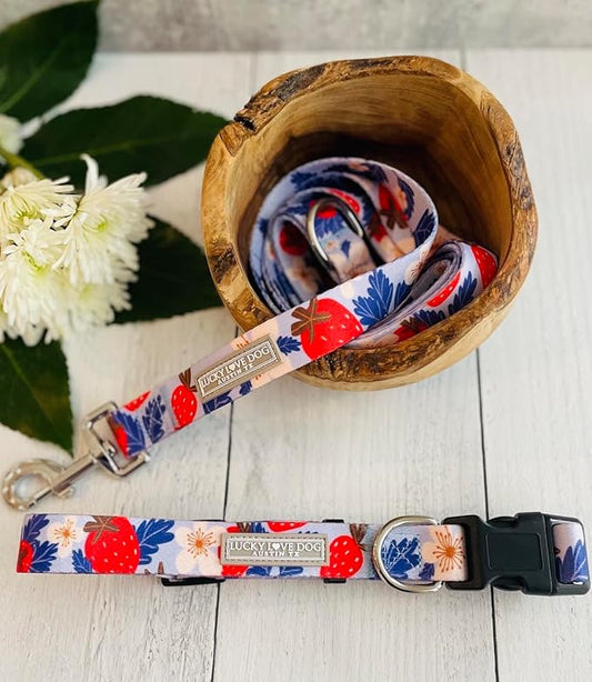 Lucky Love Dog Collar Combo Set, Strawberry Cute Girl Dog Collar and Leash Set, Dog Collar and Leash Set for Large Dogs, Part of Purchase Donated to Rescue (Large, Sweet Berry, Combo) LuckyLoveDog