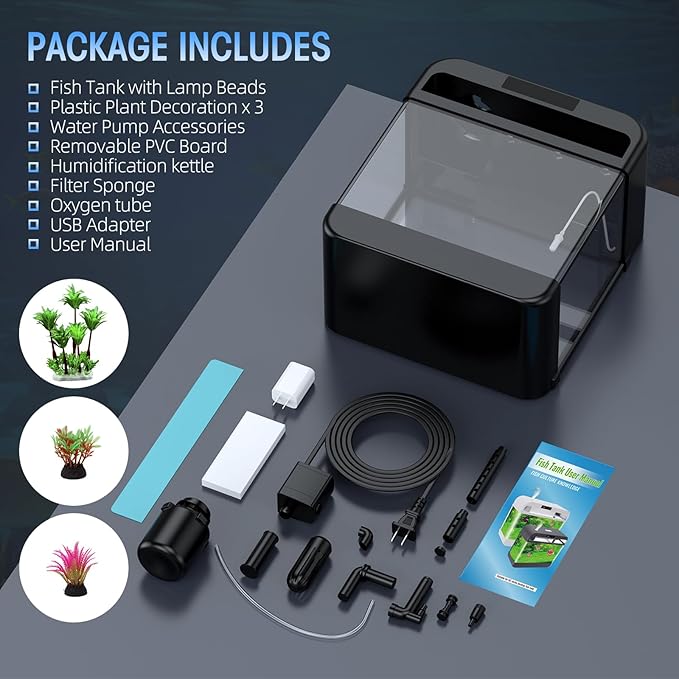 Fish Tank Small Aquarium 2.2 Gal Fish Bowl with Humidifier 7 Color Auto-Looping Light 3 in 1 Quiet Pump with Filteration & Oxygenation & Circulation, Temperature Display, HD Glass, Thickened Base Focusonhomelifeandhealth