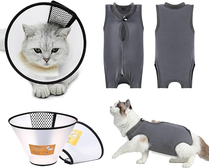 Cat Recovery Collar，Waterproof Anti-bite and Anti-Lick Wound Healing Safe Adjustable Elizabethan Collar，Cat Surgery Recovery Suit Cat Onesie for Cats After Surgery (Black, M) PAWPICO