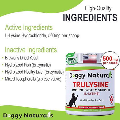 Trulysine L-Lysine for Cats Immune Support Oral Powder 4oz/100g - Cats & Kittens of All Age, Sneezing, Runny Nose Squinting, Watery Eyes - Fish & Poultry Flavor (U.S.A)(100 Grams ( 500mg / Scoop)) Pet+Health+Pharma