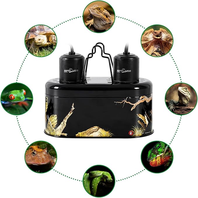 REPTI ZOO Nano Combo Print Tropical Desert Reptile Dual Deep Dome Lamp Fixture for Reptile Max 40 Watts Max Bulb Height 4 in Per Socket UVB Light Fixture Dual Lamp Cap Combo Integration Design REPTIZOO