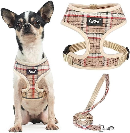 PUPTECK Soft Mesh Dog Harness and Leash Set Pet Puppy Cat Comfort Padded Vest No Pull Harnesses, Khaki, XS PUPTECK