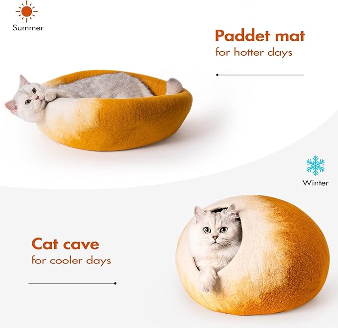 Cat Cave Bed -Handmade Wool Cat Bed Cave, Cat Bed Cat House, Felt Cat Caves for Indoor Cats and Kittens(Yellow/White) - PAWPICO