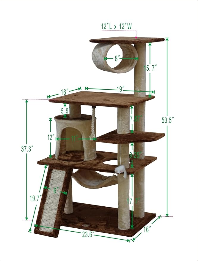 Go Pet Club Everyday Value 53in Cat Tree Kitty Tower Kitten Scratcher Condo House Furniture with Hammock and Tunnel Indoor Cat Activity Center, Beige/Brown - PAWPICO
