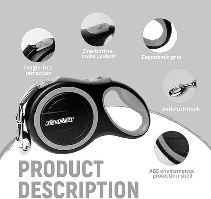 10 FT Retractable Dog Leash with No Tangle for Dog up to 33lbs, One-Handed Brake, with Non-Slip Handle, Strong Nylon Tape for Small and Medium Dogs LIEVUIKEN