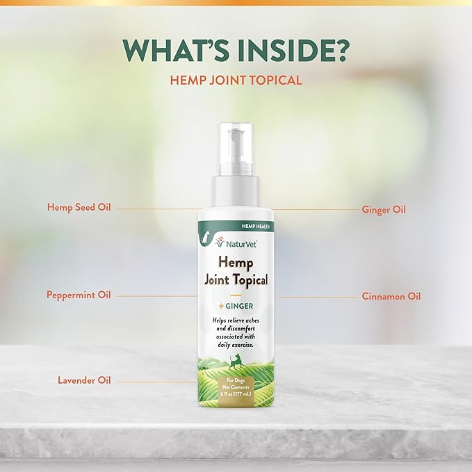 NaturVet Hemp Joint Topical Spray with Ginger for Dogs, 6oz Liquid, Made in The USA NaturVet