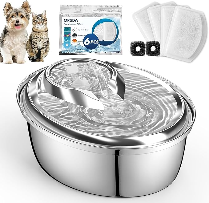 ORSDA Cat Water Fountain Stainless Steel, 3L Automatic Pet Drinking Fountain for Cats Inside, Dog Water Dispenser with Adjustable Water Flow and 6 Replacement Filters for Cats, Dogs - PAWPICO