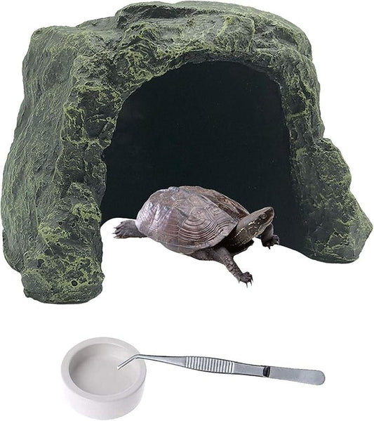 PINVNBY Large Reptile Hideout Cave,Resin Rock Hides Habitat Decor Lizard Box Shelter Tortoise Basking Terrace Pet Terrarium Nest Decoration for Gecko,Spiders,Frogs,Fish,Turtles and Hermit Crabs PINVNBY