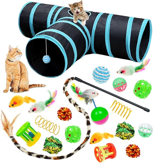 Malier Cat Toys Kitten Toys Set, Collapsible Cat Tunnels for Indoor Cats, Interactive Kitty Toys Cat Feather Toy Fluffy Mouse Crinkle Balls Cat 3 Way Tube Tunnel Toys for Cat Puppy Kitty Kitten - PAWPICO