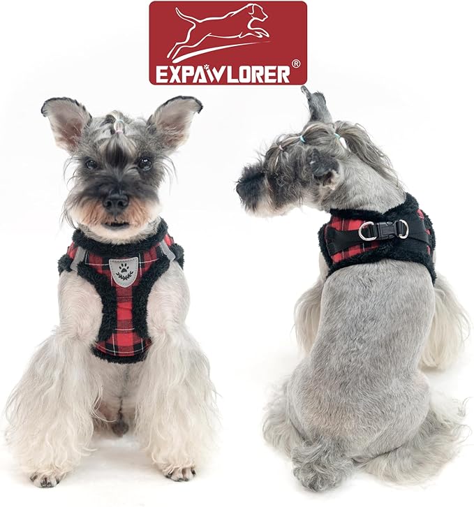 EXPAWLORER Fleece Lined Step-in Dog Harness - Soft Plush Padded Puppy Harness and Leash Set with Adjustable Dog Collar, No Pull Escape Proof Suede Dog Vest Harness for Small Dogs, Red & Black S EXPAWLORER