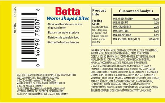 Tetra BettaMin Worm Shaped Bites 0.98 Ounce, Complete Diet For Bettas Tetra