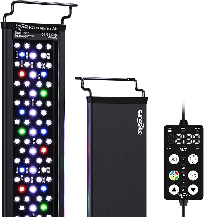 LED Aquarium Light, 24/7 Custom Timer, Power-Off Memory,7-Row LED 12-18in SEAOURA Full Spectrum Fish Tank Light, 8 Colors, 20 Brightness, Day&Night Cycle, Adjustable Mount for Freshwater Plant Growth SEAOURA