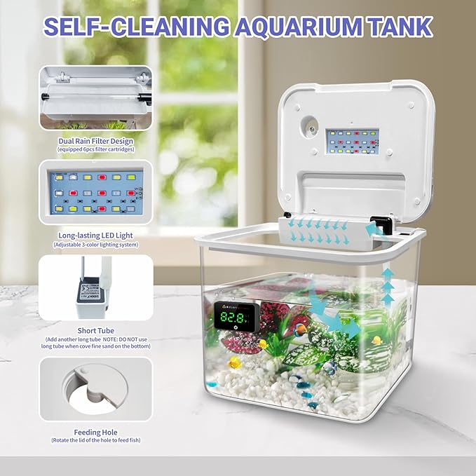 Small Fish Tank Kit, 1.8-Gal Aquarium Kit with Digital Thermometer and Temporary Tank, Self-Cleaning & 18 LED Lights, Lightweight & Shatter-Resistant Betta Fish Tank (White) Moonorange