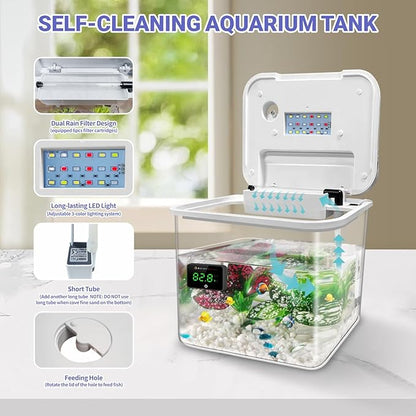 Small Fish Tank Kit, 1.8-Gal Aquarium Kit with Digital Thermometer and Temporary Tank, Self-Cleaning & 18 LED Lights, Lightweight & Shatter-Resistant Betta Fish Tank (White) Moonorange