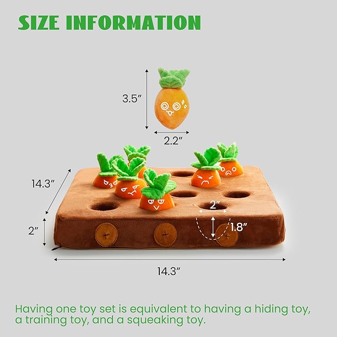 Nocciola 12 pcs Carrot Dog Squeaky Toys with Food Dispensing Carrot Farm, Dog Enrichment Toys for Hide and Seek, Puzzle Toys for Small and Medium Dogs - PAWPICO