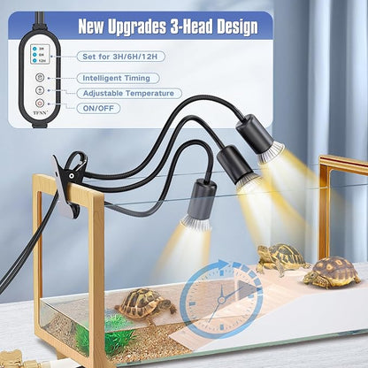 Reptile Heat Lamp, Three Head Reptile Light with Cycle Timer,UVA UVB Light, dimmable Basking lamp for Tortoise, Bearded Dragon, Lizard, Snake, E26/27 Base with 4 Bulbs (50W)-Black TFNN