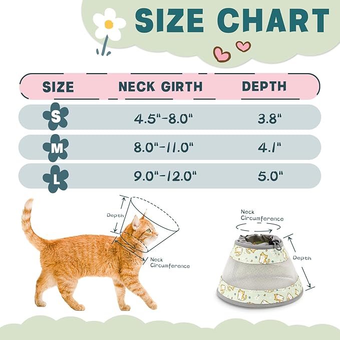 Cat Cone, Breathable Cat Cone Collar Soft, Adjustable Cat Cone to Stop Licking, Water Resistant Neck Cone for Cats with Air Mesh, Protective Cat Recovery E Collar for Cat Kitten（Green Cat,L GoGoPaw
