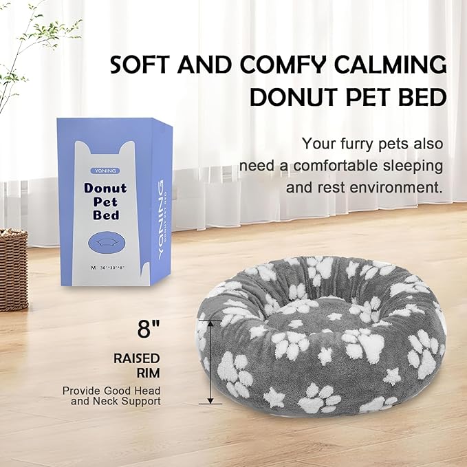 Donut Dog Beds for Medium Dogs, Calming Round Cat Beds for Indoor Cats, Cute 3D Textured Paw Pet Bed with Removable Washable Cover and Anti-Slip Bottom（Grey，30"） - PAWPICO