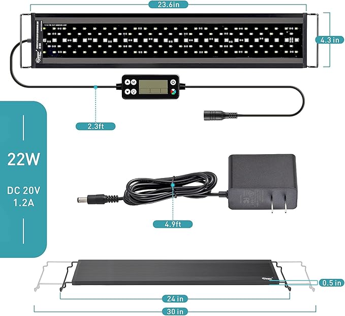 hygger Auto On Off LED Aquarium Light, Full Spectrum Fish Tank Light with LCD Monitor, 24/7 Lighting Cycle, 7 Colors, Adjustable Timer, IP68 Waterproof, 3 Modes for 24"-30" Freshwater Planted Tank hygger