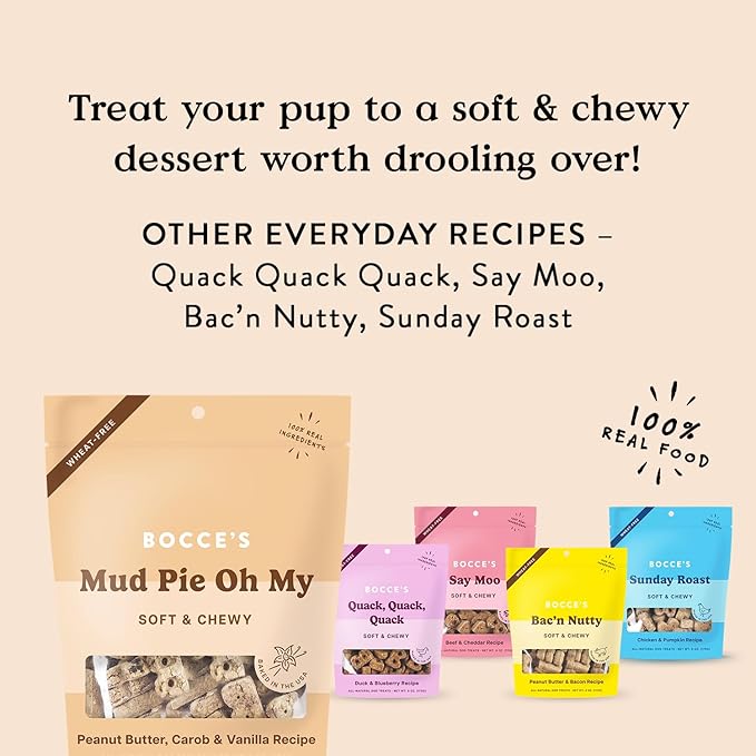 Bocce's Bakery Oven Baked Mud Pie Oh My Treats for Dogs, Wheat-Free Everyday Dog Treats, Made with Real Ingredients, Baked in The USA, All-Natural Soft & Chewy Cookies, PB, Carob & Vanilla, 6 oz - PAWPICO