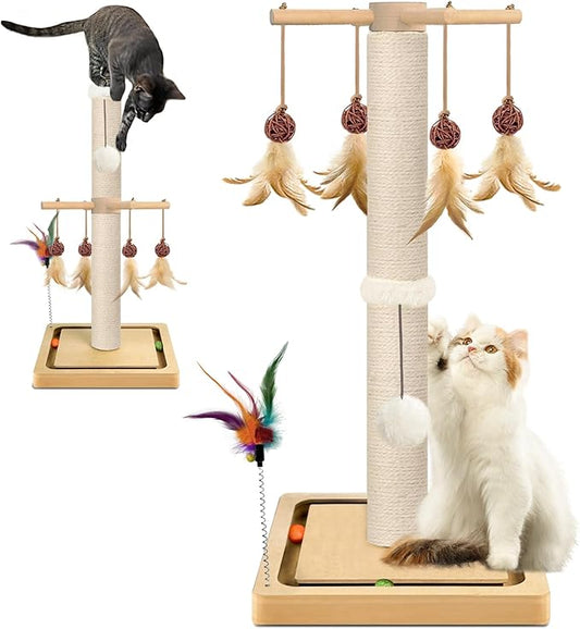 Cat Scratching Post, Sisal Scratching Posts for Indoor Cats Adults with Hanging Ball and Interactive Toys, 2 Mounting Methods Cat Scratcher for Kitten Cats, 25 inches - PAWPICO