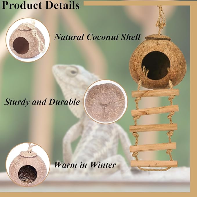 Crested Gecko Tank Accessories，Reptile Vines Plants with Coconut Shell Ladder Hideout Hermit Crab Decor for Bearded Dragon Lizard Chameleon Tortoise Snake BUYNOW