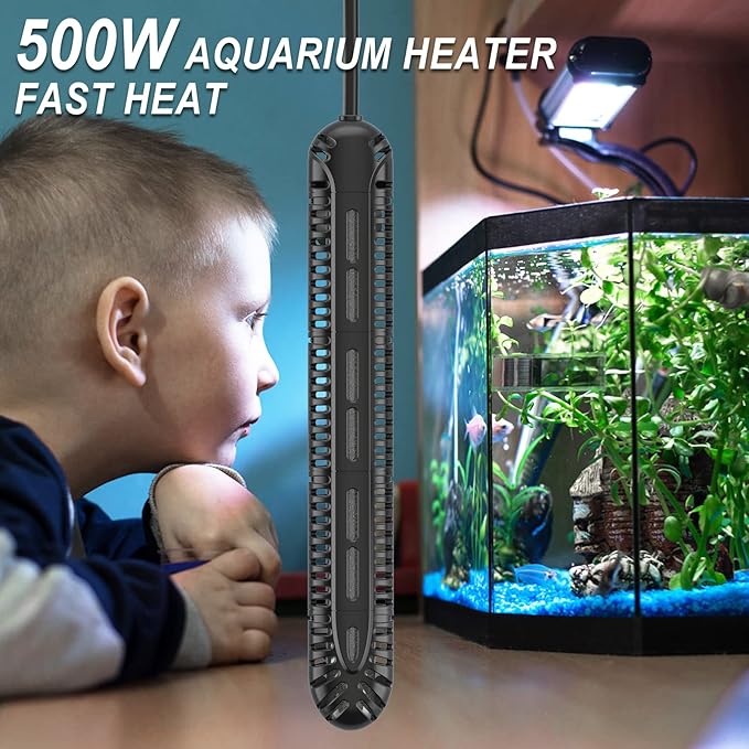 HiTauing Aquarium Heater, 500W Fish Tank Heater with LED Digital Display & 5 Safety Protection, Submersible Aquarium Heater with 2 Suction Cup and 8.2Ft Cord for 75-120 Gallon Fish Tank. HiTauing