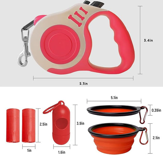Retractable Dog Leash Automatic Telescopic Tractor Dog Tape, Pet Tape 10/16 FT Durable and Convenient, with Folding Bowl, Dispenser, Rubbish Bags, Suitable for Small and Medium Dogs LIEVUIKEN
