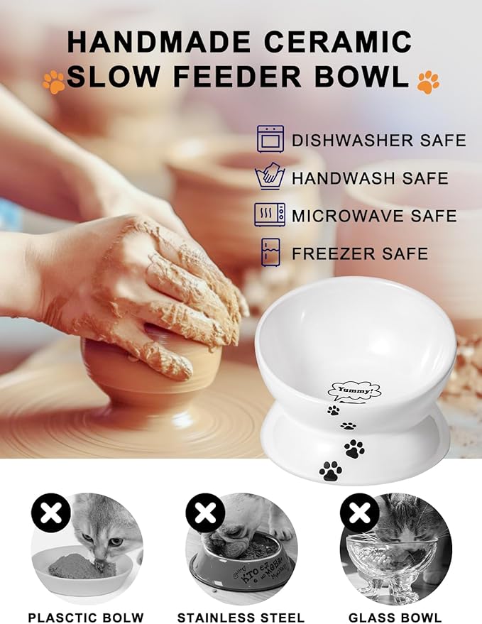 Y YHY Cat Food Bowl 6", Elevated Tilted Cat Bowl, Raised Cat Bowls for Adult Cats or Dogs, Ceramic Pet Food Water Dish 10 oz, White - PAWPICO