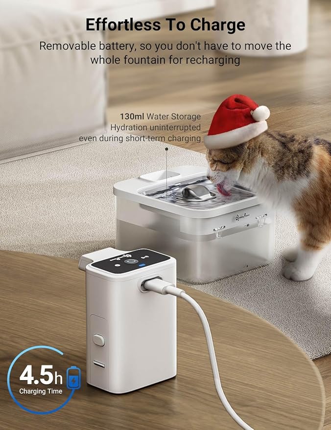 DownyPaws Battery Operated Cat Water Fountain Stainless Steel, 84oz/2.5L Fursink Wireless Pet Water Fountain for Cats Inside, Automatic Dog Water Dispenser with Faucet, Quiet Pump, BPA-Free, White - PAWPICO