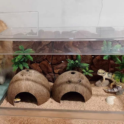 Hamiledyi Reptile Hideouts Natural Coconut Shells Hut Hermit Crab Climbing Toys Gecko Hide Cave Lizard Habitat Decor Plant Leaves Decoration for Spider Snake Chameleon (4Pcs) Hamiledyi