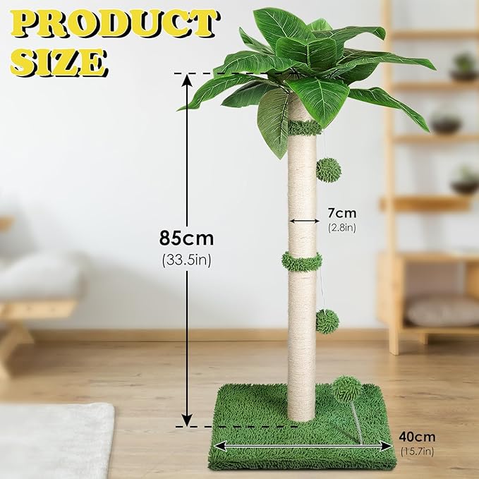 Cat Scratch Post for Indoor Cats Adults,33.5” H Sisal Scratching Post for Kitten & Large Cat, Cat Scratch Post with Spring Ball,Green - PAWPICO