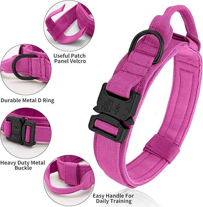 Tactical Dog Collar Heavy Duty Metal Buckle with Handle for Dog Training (Pink, M) ANTSWISH