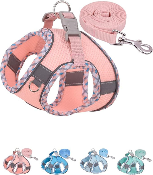 Petank Dog Harness (Pink, L) - Jacquard Mesh, Velcro Design, Reflective Strip, No Pull, Puppy Harness and Leash Set, Small to Medium Dogs, Walking, Running, Training Petank