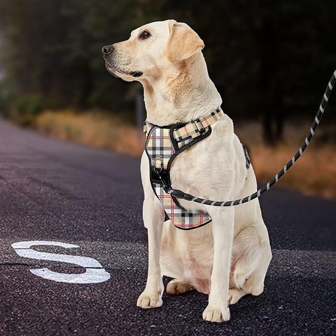 IVY&LANE No Pull Dog Harness with Leash Set, Reflective No Choke Pet Vest,Adjustable Oxford Dog Vest Harness with Easy Control Handle for Large Dogs (Checkered Beige,L) IVYLANE