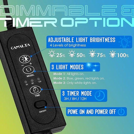 Aquarium Light,Full Spectrum Aquarium Light with Expandable Bracket,White Blue Red Green LEDs, Adjustable Timer and Brightness for 18~24IN Fish Tank GAMALTA