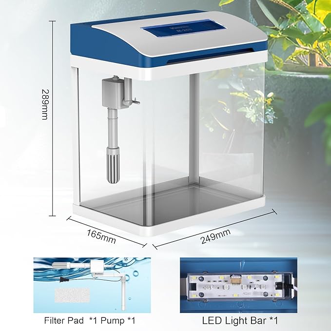 Betta Fish Tank 2 Gallon Glass Aquarium Starter Kit, Self-Cleaning Small Fish Tank with Adjustable 7-Color Light. PAWPICO