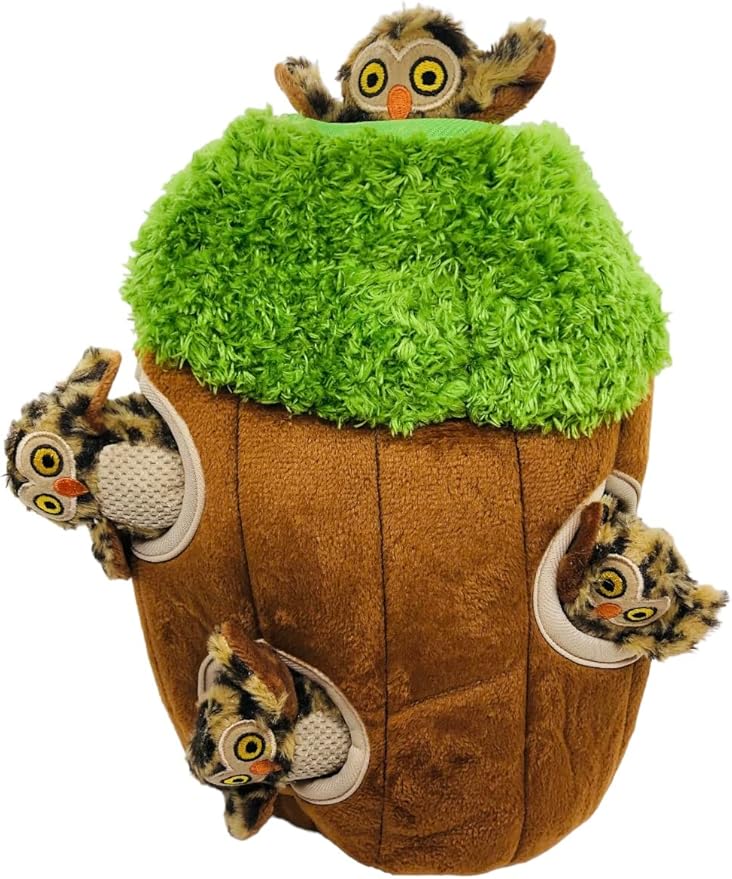Owl in Tree Hide and Seek Dog Toy for Small and Medium Size Dogs, Plush Owl Inside Trunk Dog Toy with Squeaker, Interactive Burrow Dog Toy (Tree with Owls, Medium) - PAWPICO