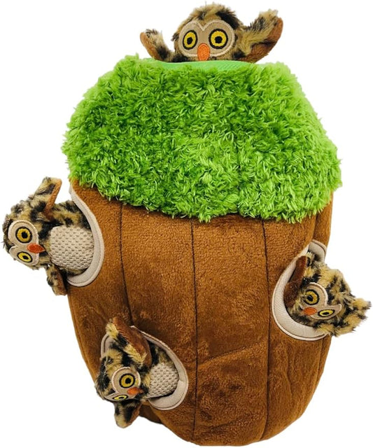 Owl in Tree Hide and Seek Dog Toy for Small and Medium Size Dogs, Plush Owl Inside Trunk Dog Toy with Squeaker, Interactive Burrow Dog Toy (Tree with Owls, Medium) - PAWPICO